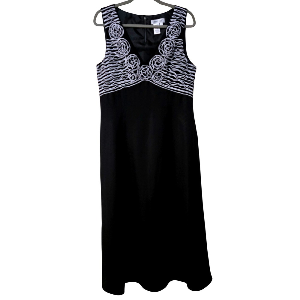 Coldwater Creek Black Linen Blend Soutache Floral Midi Dress Women 12 Sleeveless